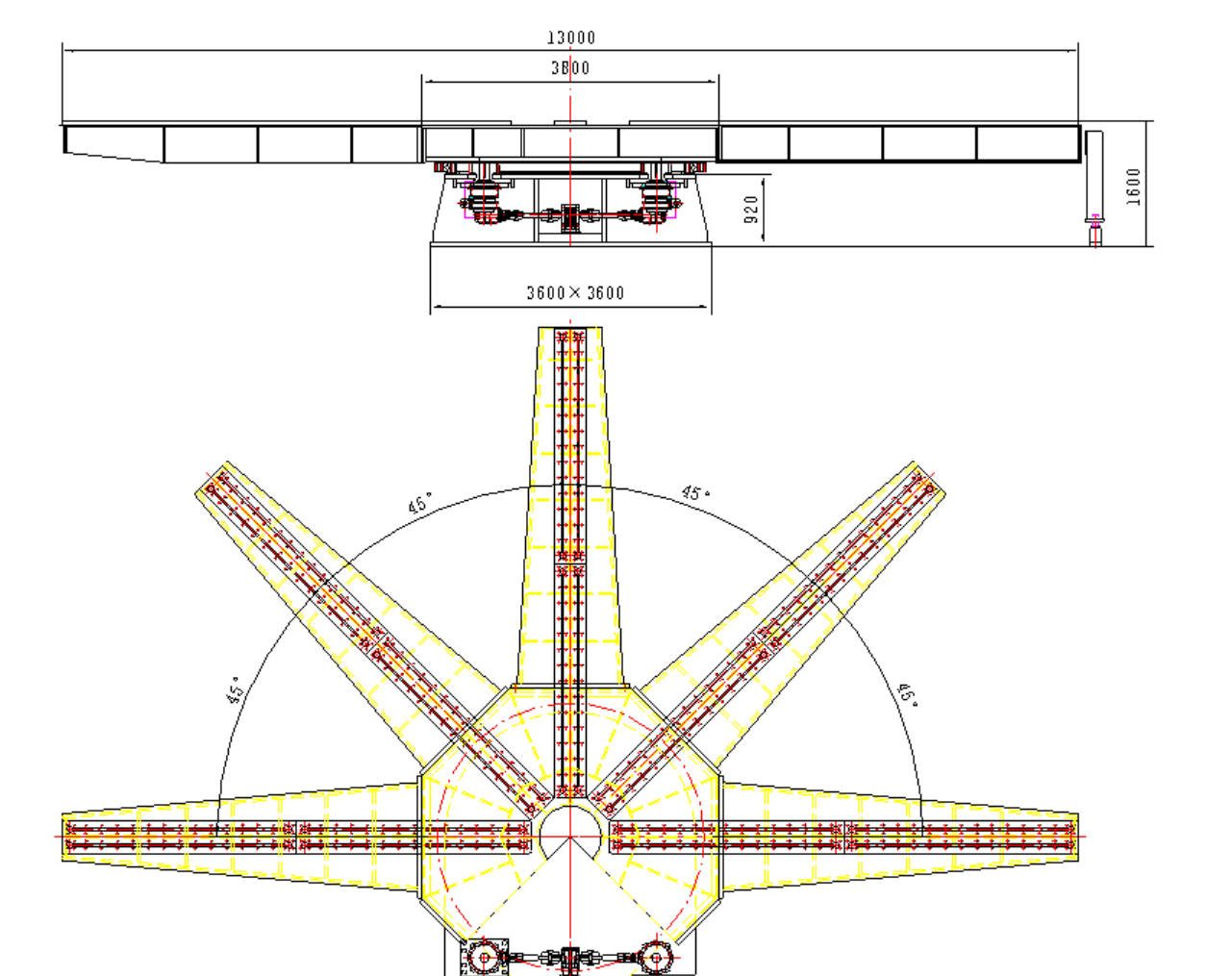 HT450 floor turntable dimensional drawing, 13,000 mm arm span and 1,600 mm table height